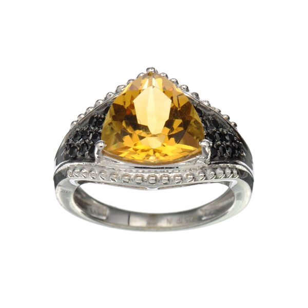 2.86CT Triangular Cut Citrine And 0.20CT Round Cut Spinel Sterling Silver Ring