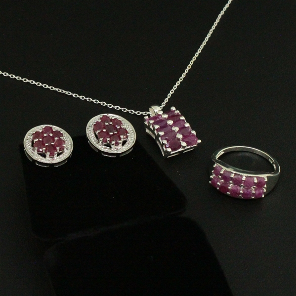  Ruby Ring size 7, Earrings, and Pendant Sterling Silver Collection 