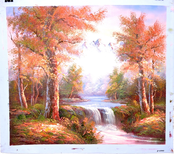 Oil Painting On Canvas- Fall And Winter Forest Lake With Small Waterfall-23.5"x27"