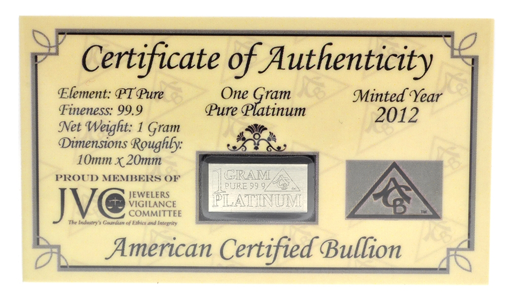 2012 1 Gram 99.9 Platinum JVC Certified Bar