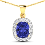 14K Yellow Gold 18 Chain Pendant 3.1 Carat Tanzanite Cushion Cut with White Diamond  0.51ct (Vault_Q) 