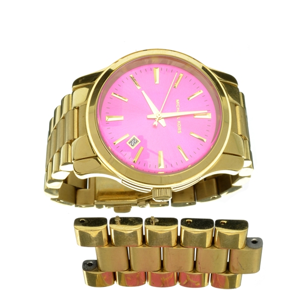 Michael Kors Gold Tone Pink Dial Stainless Steel Runway Wrist Watch 