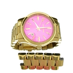 Michael Kors Gold Tone Pink Dial Stainless Steel Runway Wrist Watch 