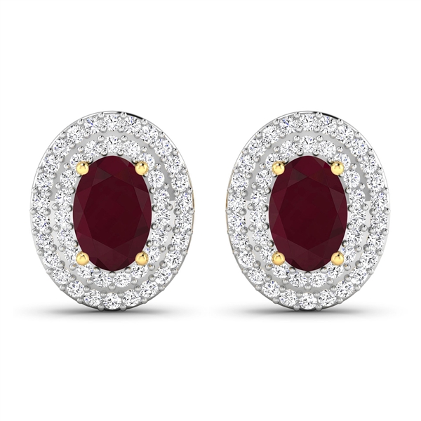 14K Yellow Gold Earrings 1.12 Carat Ruby Oval 6x4mm Cut with White Diamond  0.315ct (Vault_Q) 