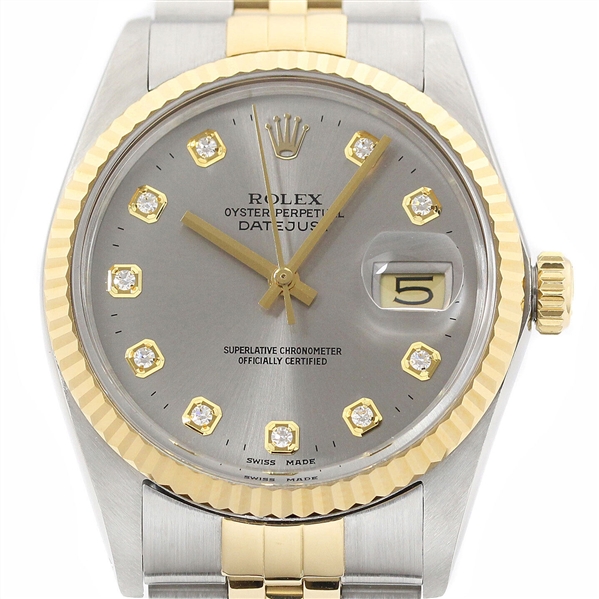 Rolex Mens Datejust 16013 18K Gold Steel Gray Diamond Dial Watch w_ Rolex Band (Vault_CC)