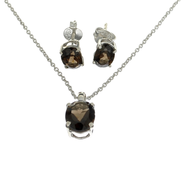 1.58 Oval Cut Smoky Quartz Sterling Silver Pendant With 18" Chain And 1.42CT Oval Cut Smoky Quartz Solitaire Earrings