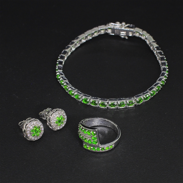 Chrome Diopside Ring size 7, Earrings, and Bracelet Sterling Silver Collection 