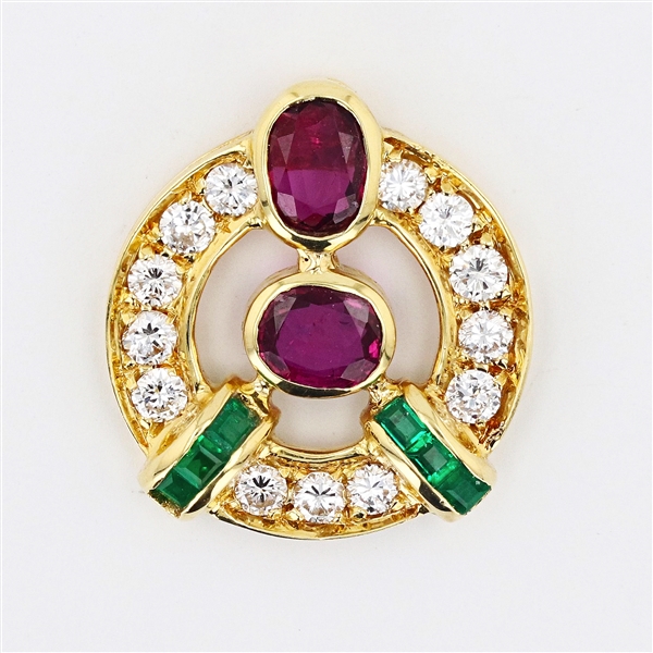 18K Yellow Gold 2.04CT Ruby / Emerald and Diamond 6/8in. Diameter Pendant 