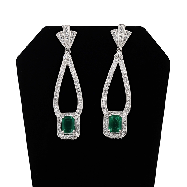  APP: $25,607 2.23ctw Emerald and 1.45ctw Diamond Platinum Dangle Earrings (Vault_R45) 