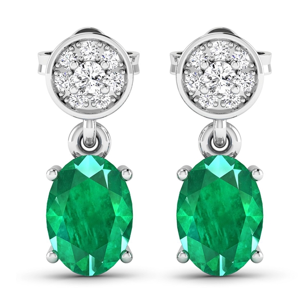 14K White Gold Earrings 1.12 Carat Zambian Emerald Oval Cut with White Diamond  0.11ct (Vault_Q) 