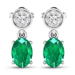 14K White Gold Earrings 1.12 Carat Zambian Emerald Oval Cut with White Diamond  0.11ct (Vault_Q) 