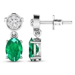 14K White Gold Earrings 1.12 Carat Zambian Emerald Oval Cut with White Diamond  0.11ct (Vault_Q) 