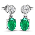 14K White Gold Earrings 1.12 Carat Zambian Emerald Oval Cut with White Diamond  0.11ct (Vault_Q) 