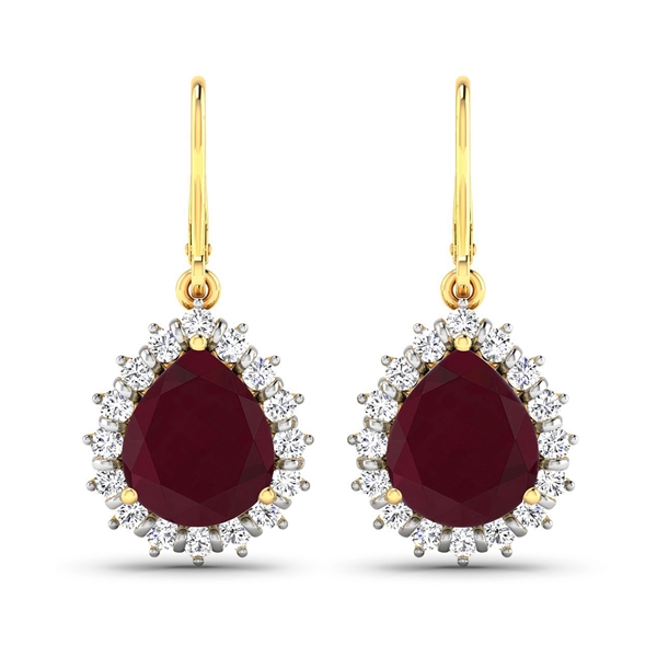 14K Yellow Gold Earrings 3.7 Carat Ruby Pears Cut with White Diamond  0.448ct (Vault_Q) 