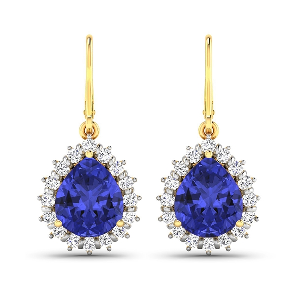 14K Yellow Gold Earrings 2.88 Carat Tanzanite Pears Cut with White Diamond  0.448ct (Vault_Q) 