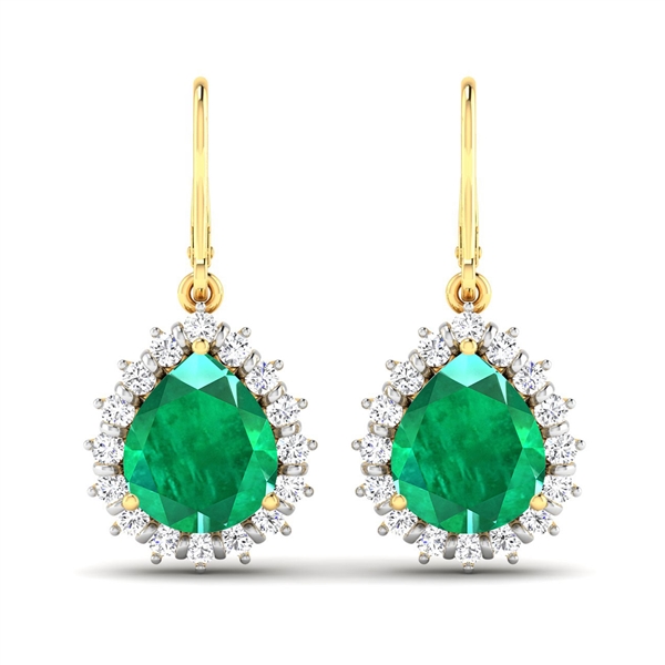 14K Yellow Gold Earrings 2.88 Carat Zambian Emerald Pears Cut with White Diamond  0.448ct (Vault_Q) 