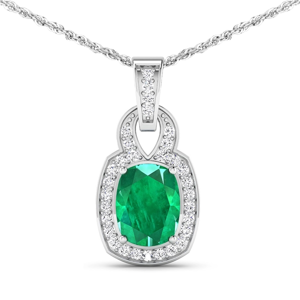 14K White Gold 18 Chain Pendant 1.74 Carat Zambian Emerald Cushion Cut with White Diamond  0.25ct (Vault_Q) 