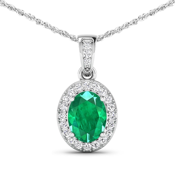 14K White Gold 18 Chain Pendant 1 Carat Zambian Emerald Oval Cut with White Diamond  0.18ct (Vault_Q) 