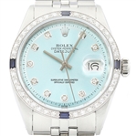 Rolex Mens Datejust Diamond Sapphire Bezel 18K White Gold Steel Ice Blue Watch (Vault_CC)