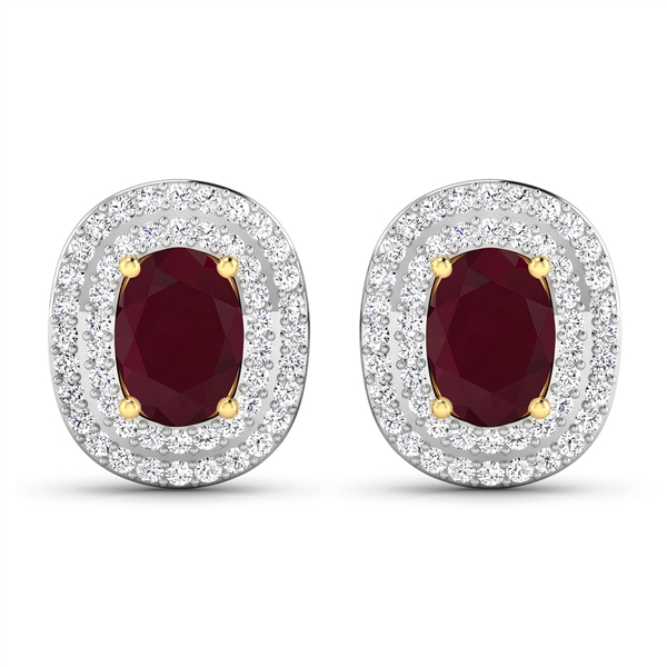 14K Yellow Gold Earrings 1.7 Carat Ruby Oval Cut with White Diamond  0.4545ct (Vault_Q) 