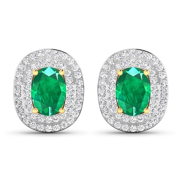 14K Yellow Gold Earrings 1.12 Carat Zambian Emerald Oval Cut with White Diamond  0.4545ct (Vault_Q) 