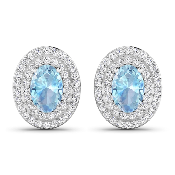 14K White Gold Earrings 0.7 Carat Aquamarine Oval 6x4mm Cut with White Diamond  0.315ct (Vault_Q) 