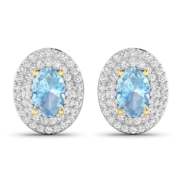 14K Yellow Gold Earrings 0.7 Carat Aquamarine Oval 6x4mm Cut with White Diamond  0.315ct (Vault_Q) 