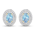 14K Yellow Gold Earrings 0.7 Carat Aquamarine Oval 6x4mm Cut with White Diamond  0.315ct (Vault_Q) 