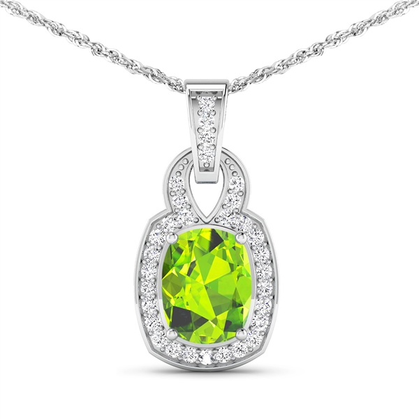 14K White Gold No Chain Pendant 2 Carat Peridot Cushion Cut with White Diamond  0.25ct (Vault_Q) 