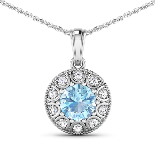 14K White Gold 18 Chain Pendant 1.9 Carat Aquamarine Round Cut with White Diamond  0.3ct (Vault_Q) 