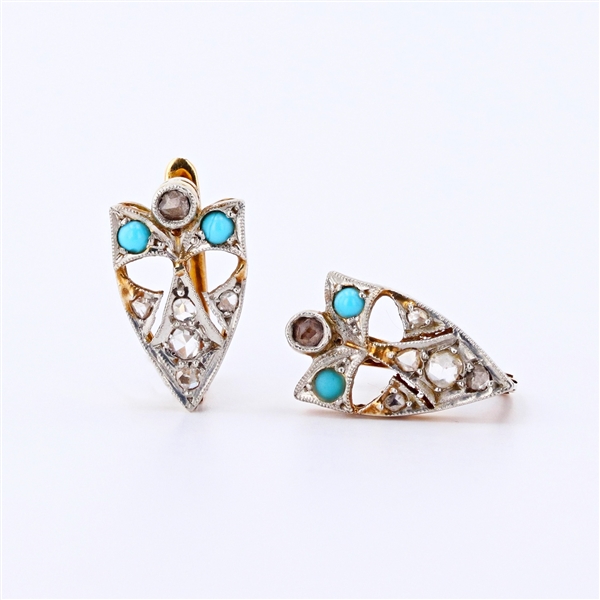 14K White/Yellow Gold 0.50CT Diamond and Turquoise Antique Earrings -PNR-