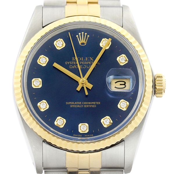 Rolex Mens Datejust 16013 18K Gold & Steel Blue Diamond Dial Watch w_ Rolex Band (Vault_CC)