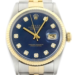 Rolex Mens Datejust 16013 18K Gold & Steel Blue Diamond Dial Watch w_ Rolex Band (Vault_CC)