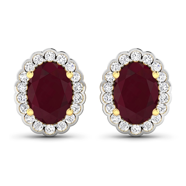 14K Yellow Gold Earrings 1.7 Carat Ruby Oval Cut with White Diamond  0.288ct (Vault_Q) 