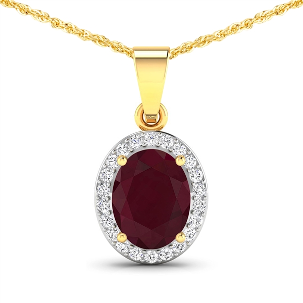 14K Yellow Gold  Chain Pendant 2.3 Carat Ruby Oval Cut with White Diamond  0.22ct (Vault_Q) 