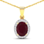 14K Yellow Gold  Chain Pendant 2.3 Carat Ruby Oval Cut with White Diamond  0.22ct (Vault_Q) 