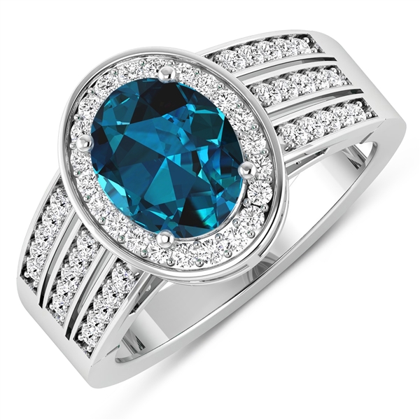 14K White Gold Ring 1.9 Carat London Blue Topaz Oval Cut with White Diamond  0.44ct (Vault_Q) 