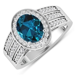 14K White Gold Ring 1.9 Carat London Blue Topaz Oval Cut with White Diamond  0.44ct (Vault_Q) 