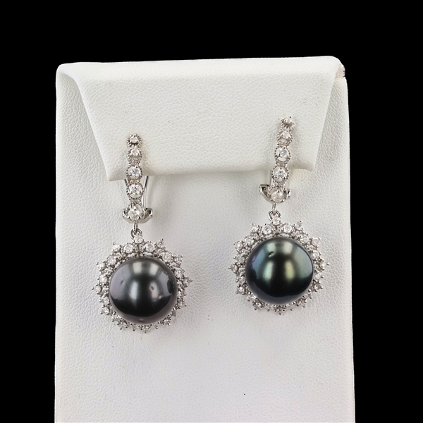 App: $9,125 13MM Tahitian South Sea Cultured Pearl and 1.64ctw Diamond 14K White Gold Dangling Earrings (Vault_R46) 