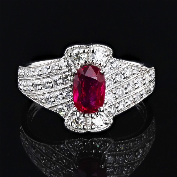 App: $11,570 1.02ct UNHEATED Ruby and 0.79ctw Diamond 18K White Gold Ring (GIA CERTIFIED) (Vault_R46) 