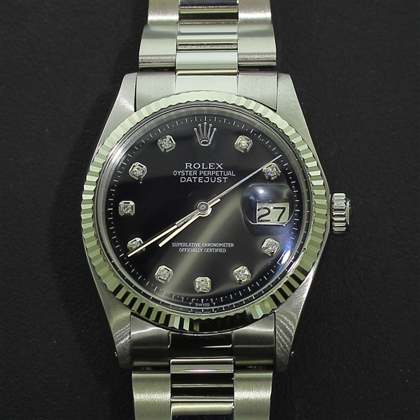 Rolex Mens Datejust Black Diamond Dial 18K White Gold & Stainless Steel Watch 