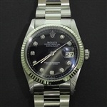 Rolex Mens Datejust Black Diamond Dial 18K White Gold & Stainless Steel Watch 