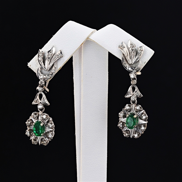 14K White Gold 0.70CT Emerald and Diamond Earrings -PNR-