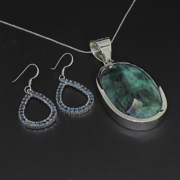 Blue Topaz Earrings and Emerald Pendant Sterling Silver Collection 