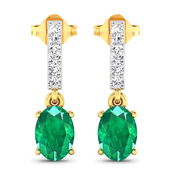 14K Yellow Gold Earrings 1.12 Carat Zambian Emerald Oval Cut with White Diamond  0.14ct (Vault_Q) 