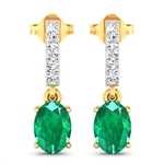 14K Yellow Gold Earrings 1.12 Carat Zambian Emerald Oval Cut with White Diamond  0.14ct (Vault_Q) 