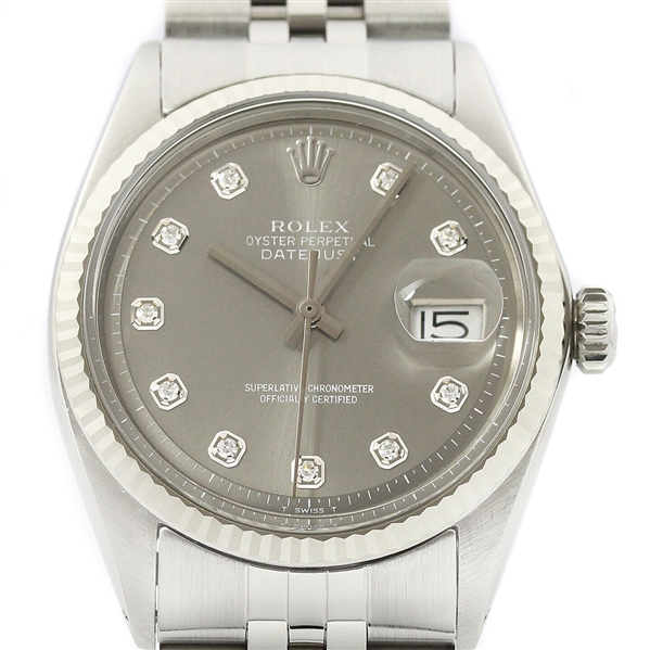  Rolex Mens Datejust 18K White Gold & Stainless Steel Gray Diamond Dial Watch (Vault_CC)