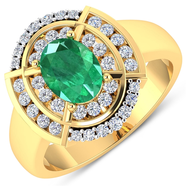 14K Yellow Gold Ring 1 Carat Zambian Emerald Oval Cut with White Diamond  0.472ct (Vault_Q) 