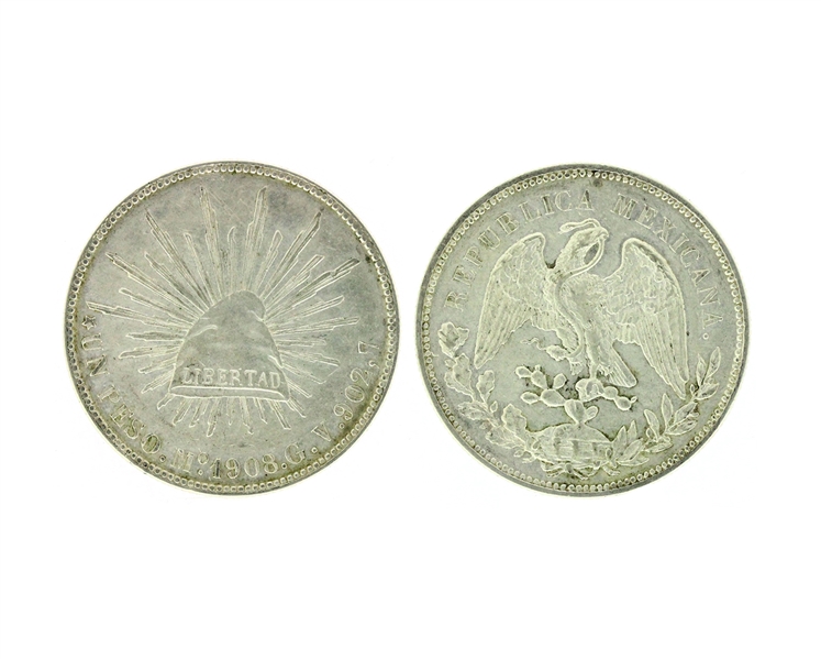 1908 8 Reale Mexican "Cap and Rays" 0.902 Purity Silver Coin 