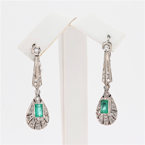 14K White Gold 1.00CT Emerald and Diamond Earrings -PNR-